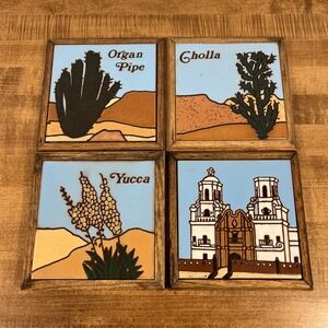 Vintage Fiesta Tiles Trivet Or Wall Art Southwestern  Wood Frame 7" x 7"